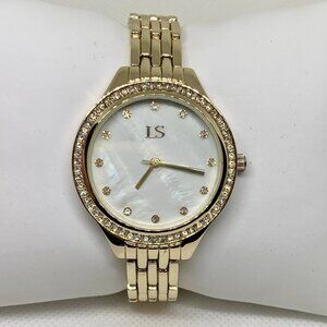 LS women gold tone watch rhinestones 35mm round quartz analog size 7” running